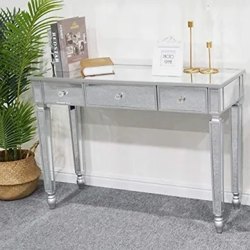 MTFY Mirrored Console Table,Mirrored Makeup Vanity Table Desk, 3 Drawer Media Console Table for Women Home Office Writing Desk Smooth Finish with Crystal-Style Knobs
