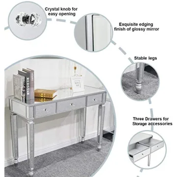 MTFY Mirrored Console Table,Mirrored Makeup Vanity Table Desk, 3 Drawer Media Console Table for Women Home Office Writing Desk Smooth Finish with Crystal-Style Knobs