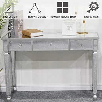 MTFY Mirrored Console Table,Mirrored Makeup Vanity Table Desk, 3 Drawer Media Console Table for Women Home Office Writing Desk Smooth Finish with Crystal-Style Knobs
