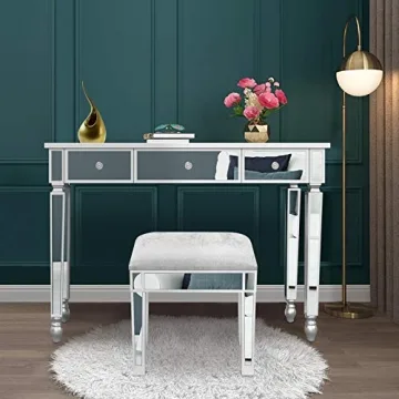 MTFY Mirrored Console Table,Mirrored Makeup Vanity Table Desk, 3 Drawer Media Console Table for Women Home Office Writing Desk Smooth Finish with Crystal-Style Knobs
