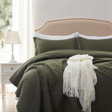 Luxury Olive Green Quilt Set Queen Soft Reversible Bedding