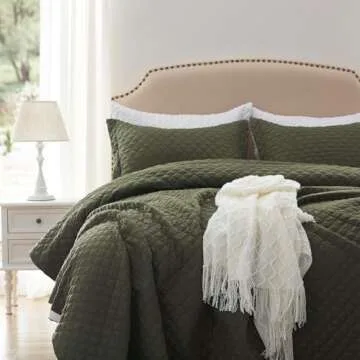 Luxury Olive Green Quilt Set Queen Soft Reversible Bedding