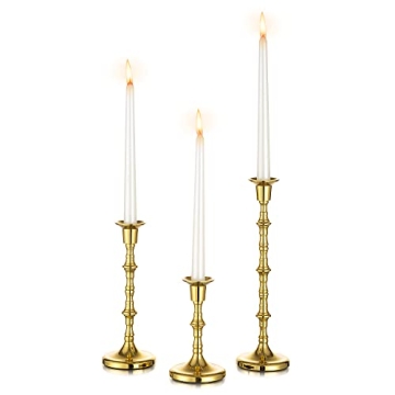 Inweder Gold Taper Candle Holders - Set of 3 Unique Brass Candle Sticks for Home & Events