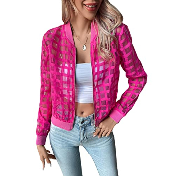 Milumia Women's Summer Mesh Sheer Bomber Jacket Cropped Baseball Collar Long Sleeve Outwear