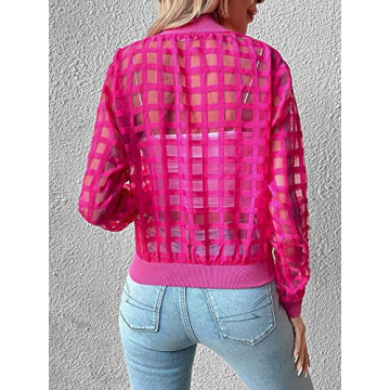 Milumia Women's Summer Mesh Sheer Bomber Jacket Cropped Baseball Collar Long Sleeve Outwear