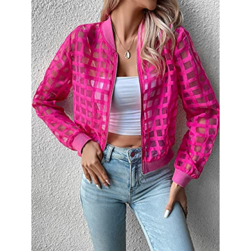 Milumia Women's Summer Mesh Sheer Bomber Jacket Cropped Baseball Collar Long Sleeve Outwear
