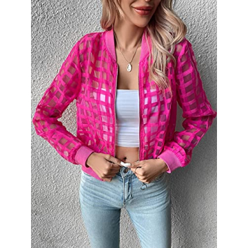 Milumia Women's Summer Mesh Sheer Bomber Jacket Cropped Baseball Collar Long Sleeve Outwear