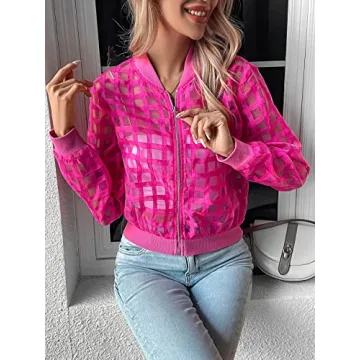 Milumia Women's Summer Mesh Sheer Bomber Jacket Cropped Baseball Collar Long Sleeve Outwear