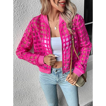 Milumia Women's Summer Mesh Sheer Bomber Jacket Cropped Baseball Collar Long Sleeve Outwear