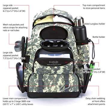 BASSDASH Fishing Tackle Backpack Water Resistant Tactical Bag Soft Tackle Box with Rod Holder and Protective Rain Cover