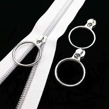 Leekayer #5 Silver Metallic Nylon Coil Zippers by The Yard Bulk 10 Yards White Zipper Tape with 25pcs Silver Ring Pull Sliders for DIY Sewing Tailor Craft Bag(White)