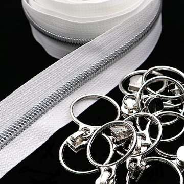 Leekayer #5 Silver Metallic Nylon Coil Zippers by The Yard Bulk 10 Yards White Zipper Tape with 25pcs Silver Ring Pull Sliders for DIY Sewing Tailor Craft Bag(White)