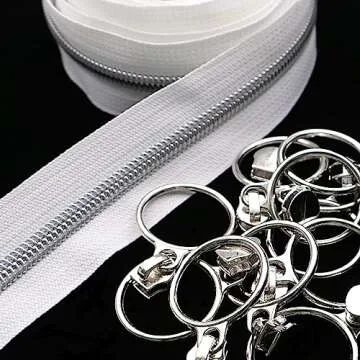 Leekayer #5 Silver Metallic Nylon Coil Zippers by The Yard Bulk 10 Yards White Zipper Tape with 25pcs Silver Ring Pull Sliders for DIY Sewing Tailor Craft Bag(White)