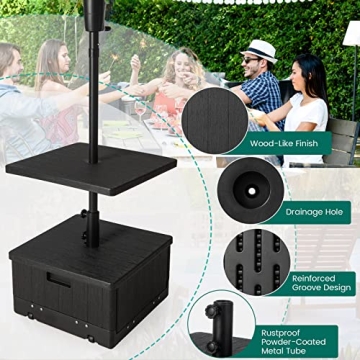 Giantex Outdoor Side Table with Umbrella Stand, 175 lbs Fillable Weighted Bag, Adjustable Umbrella Table Tray, 2 Wheels and 2 Handles, Umbrella Base with Storage for Patio Deck Garden Poolside