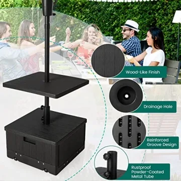 Giantex Outdoor Side Table with Umbrella Stand, 175 lbs Fillable Weighted Bag, Adjustable Umbrella Table Tray, 2 Wheels and 2 Handles, Umbrella Base with Storage for Patio Deck Garden Poolside