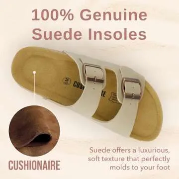 CUSHIONAIRE Lane Cork Footbed Sandals for Women – Comfortable Double Buckle Slip-On with Soft Faux Leather Straps & Arch Support Slides for Women Footwear, STONE 9