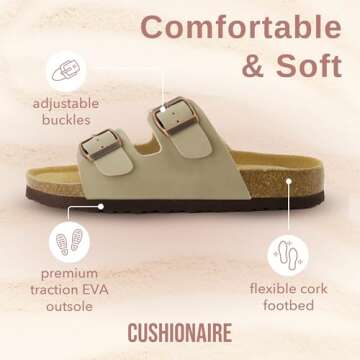 CUSHIONAIRE Lane Cork Footbed Sandals for Women – Comfortable Double Buckle Slip-On with Soft Faux Leather Straps & Arch Support Slides for Women Footwear, STONE 9