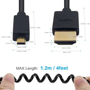 Duttek Micro HDMI to HDMI Coiled Cable, HDMI to Micro HDMI Coiled Cable, Extreme Slim/Thin Micro HDMI Male to HDMI Male Coiled Cable 4K, 3D for Camera, Raspberry Pi 5 4, GoPro Hero 7/6 3.3FT/1M