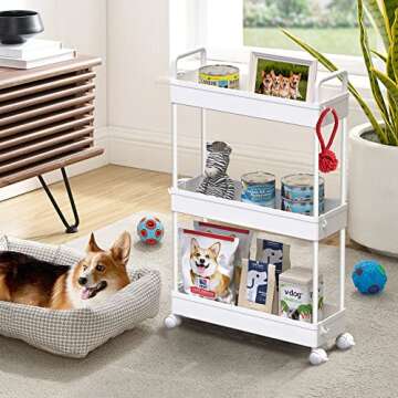 SOLEJAZZ 3 Tier Storage Cart Sliding and Sliding Mobile Storage Cart for Kitchen, Bathroom, Laundry Room, Bedroom, Narrow Space, Plastic, White