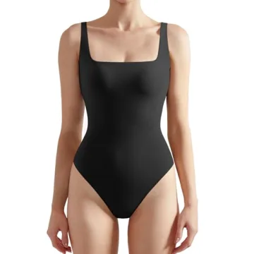 SUUKSESS Sexy Square Neck Thong Bodysuit Backless Sleeveless Tank Tops Body Suit (Black, M)