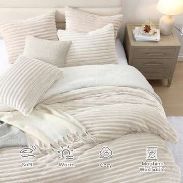 Geniospin Queen Comforter Set Ivory,Warm Winter Comforter Queen Size,Ultra-Soft Sherpa Fleece Queen Bedding Set, Reversible 3-Piece Comforter Set for Winter, Warm & Cozy (Ivory, 90''x90'')