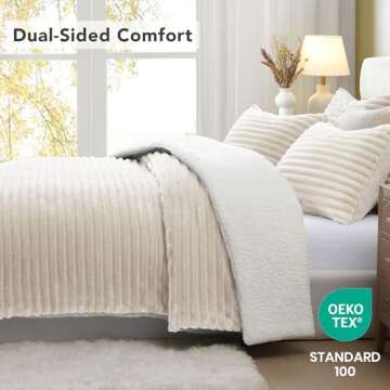 Geniospin Queen Comforter Set Ivory,Warm Winter Comforter Queen Size,Ultra-Soft Sherpa Fleece Queen Bedding Set, Reversible 3-Piece Comforter Set for Winter, Warm & Cozy (Ivory, 90''x90'')