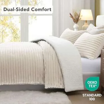 Geniospin Queen Comforter Set Ivory,Warm Winter Comforter Queen Size,Ultra-Soft Sherpa Fleece Queen Bedding Set, Reversible 3-Piece Comforter Set for Winter, Warm & Cozy (Ivory, 90''x90'')