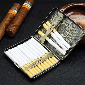 Scimi Metal Cigarette Case Box - Double Sided Spring Clip Open Pocket Retro Metal Case Box for 20 Cigarettes (Compass)