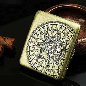 Scimi Metal Cigarette Case Box - Double Sided Spring Clip Open Pocket Retro Metal Case Box for 20 Cigarettes (Compass)