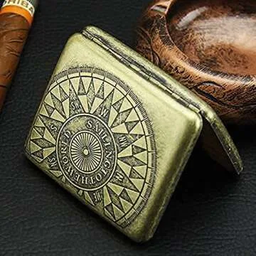 Scimi Metal Cigarette Case Box - Double Sided Spring Clip Open Pocket Retro Metal Case Box for 20 Cigarettes (Compass)