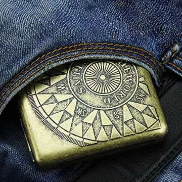 Scimi Metal Cigarette Case Box - Double Sided Spring Clip Open Pocket Retro Metal Case Box for 20 Cigarettes (Compass)
