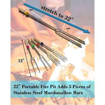 Portable Outdoor Fire Pit 22 Inch - Portable Fire Pit Collapsing Stainless Steel Mesh Fireplace Foldable - Camping Gear for Patio, Backyard and Garden add 5 Pack Roasting Sticks