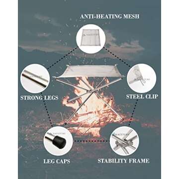 Portable Outdoor Fire Pit 22 Inch - Portable Fire Pit Collapsing Stainless Steel Mesh Fireplace Foldable - Camping Gear for Patio, Backyard and Garden add 5 Pack Roasting Sticks