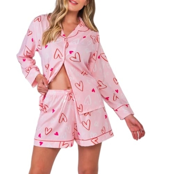 Womens Valentin's Day Pajamas Shorts Set Two-piece Pj Sets Heart Print Sleepwear Loungewear Button-D...