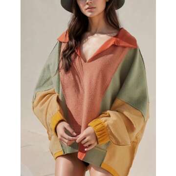Yimoon Women Fleece Pullover V-Neck Sweatshirt Oversized Colorblock Shaker Long Sleeve Sweatshirts 2...