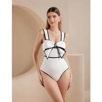 FLAXMAKER Black and White Swimsuit Bow-tie Decor One Piece Bathing Suit
