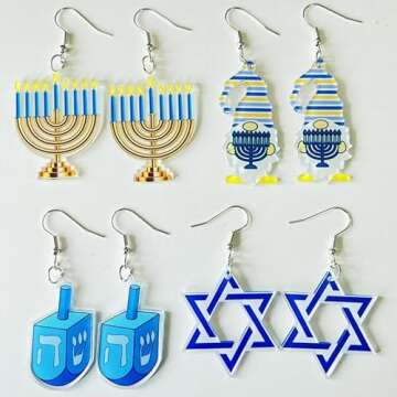 xuzhiyuan Hanukkah Acrylic Dangle Earrings Menorah Wooden Drop Earrings Dove Star of David Jewish Ha...
