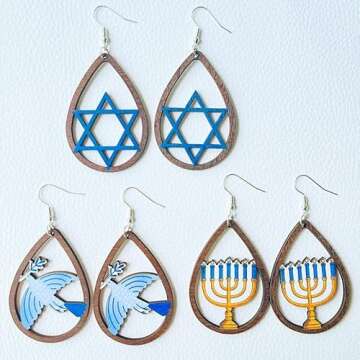 xuzhiyuan Hanukkah Acrylic Dangle Earrings Menorah Wooden Drop Earrings Dove Star of David Jewish Hanukkah Jewelry for Women Holiday-4 Pairs