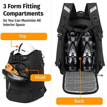 XIANFENGNIAO Ski Boot Bag,50L Waterproof Skiing Boot Travel Backpack for Snowboard Boots, Ski Helmet, Goggles, Gloves, Skis, Snowboard & Accessories for Men,Women and Youth (Black)