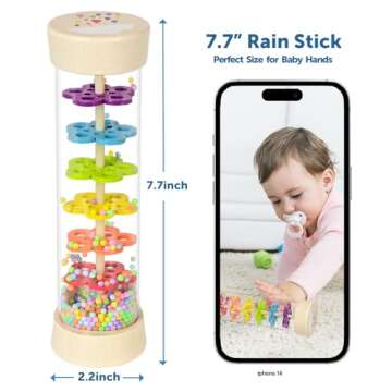 GRESEESM Rain Stick, 7.7” Wooden Rainmaker Montessori Toys for Baby 6-12 Months, Baby Rattle Senso...