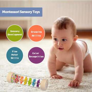 GRESEESM Rain Stick, 7.7” Wooden Rainmaker Montessori Toys for Baby 6-12 Months, Baby Rattle Sensory Development Toys, Infant Musical Toys for Newborn Boys Girls 1 Year Old Toddlers