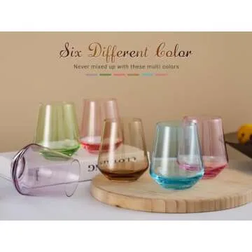 Elegant Stemless Colored Wine Glasses - Set of 6