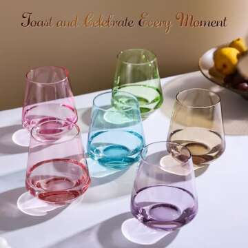 Elegant Stemless Colored Wine Glasses - Set of 6