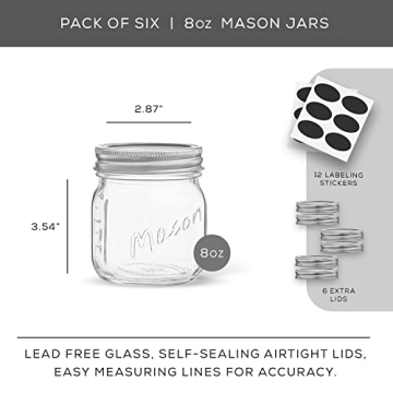 JoyJolt 8 Oz Mason Jars With Lids and Labels - 6-Pack