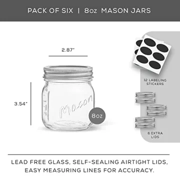 JoyJolt 8 Oz Mason Jars With Lids and Labels - 6-Pack