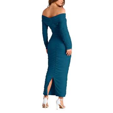 PRETTYGARDEN Women's Fall Off Shoulder Maxi Bodycon Dress Long Sleeve Ruched Fitted Club Dresses wit...