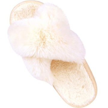 Comwarm Women's Cross Band Fuzzy Slippers Fluffy Open Toe House Slippers Cozy Plush Bedroom Shoes In...