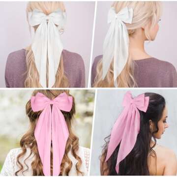 WLLHYF Big Bow Barrettes 2 Pieces Soft Silky Satin Hair Clip Long Tail French Ribbon Hair Pins Metal Bowknot Clips 90's Accessories for Party Valentine's Day Women Girl (White+Wine red)
