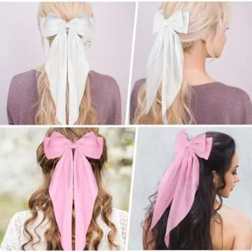 WLLHYF Big Bow Barrettes 2 Pieces Soft Silky Satin Hair Clip Long Tail French Ribbon Hair Pins Metal Bowknot Clips 90's Accessories for Party Valentine's Day Women Girl (White+Wine red)