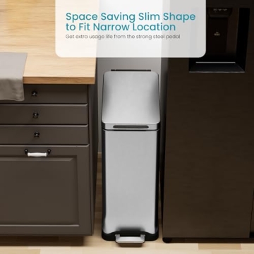 Home Zone Living 12 Gallon Slim Kitchen Trash Can, Stainless Steel, Step Pedal, 45 Liter